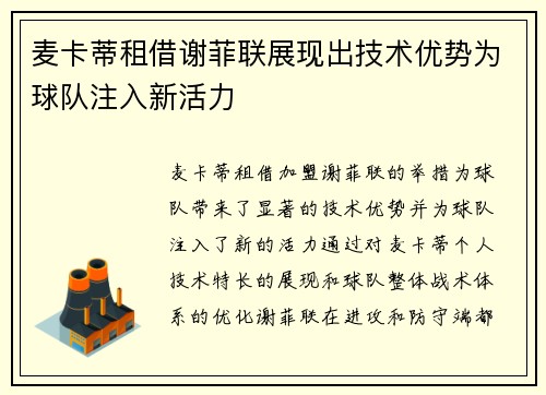 麦卡蒂租借谢菲联展现出技术优势为球队注入新活力